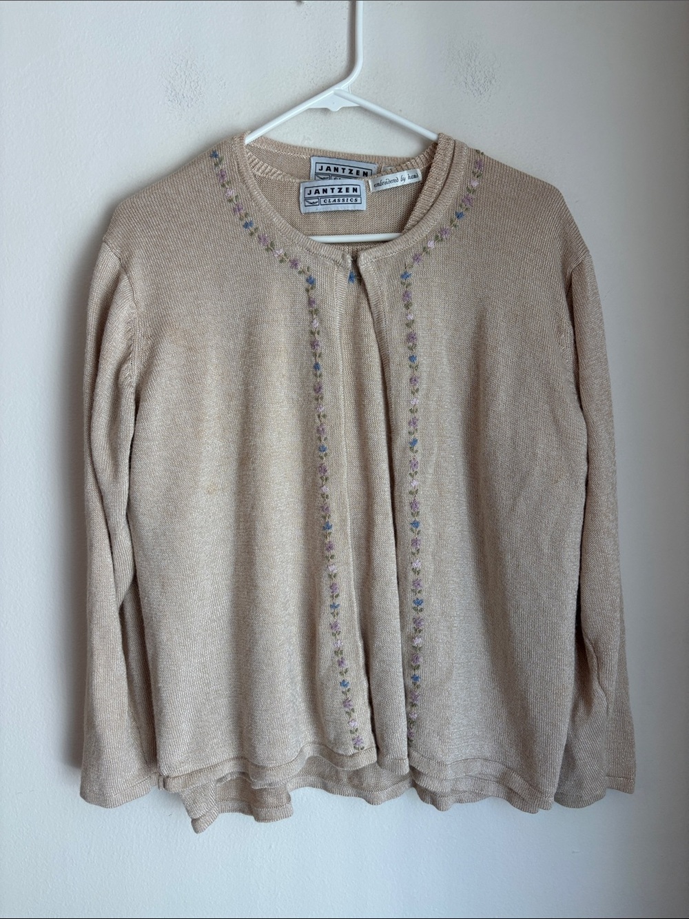 Jantzen Cream Embroidered Cardigan Sweater set knit floral vintage women’s XL